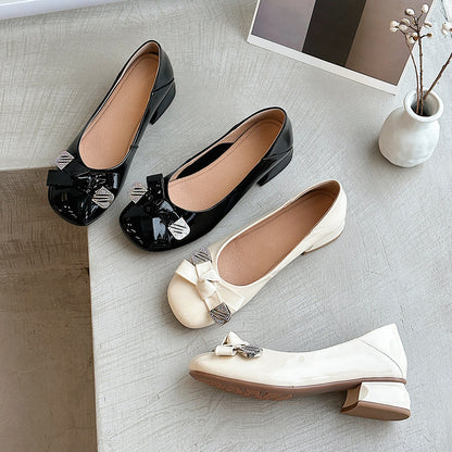 loveccr  Chunky Heel Mid Heel Shoes Women's Korean-Style Bow Patent Leather All-Match Commute Fairy Style Fashionable Women's Shoes