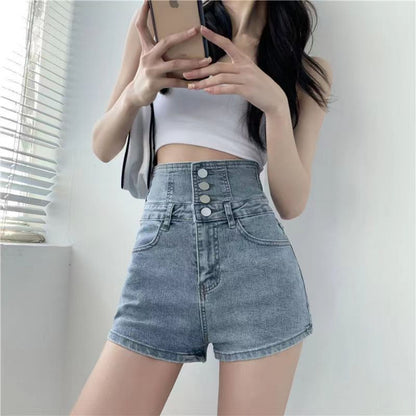 Summer New Ultra High Waist Denim Rope Shorts Women's Korean Style Loose-Fitting Wide-Leg Slim-Fit All-Match Breasted A- line Hot Pants