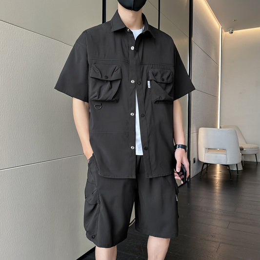 Summer  Ice Silk Short Sleeve Suit Men's Japanese Style Workwear Loose Casual Short-Sleeved Shirt Cropped Pants Two-Piece Set