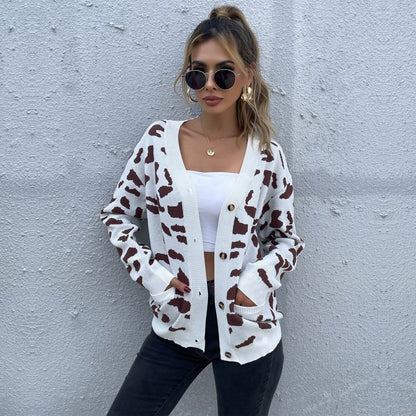 LOVECCR New Hot Trade Women's Clothing Hot Autumn New 2025 Cardigan Leopard Jacquard Knitted Sweater Jacket