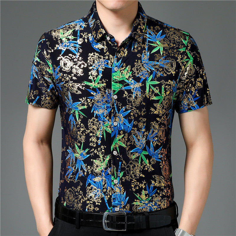 Middle-Aged Men's Summer Short Sleeve Printed Shirt Loose Non-Ironing Casual Half Sleeve Ice Silk Shirt Bronzing Thin Top Fashion