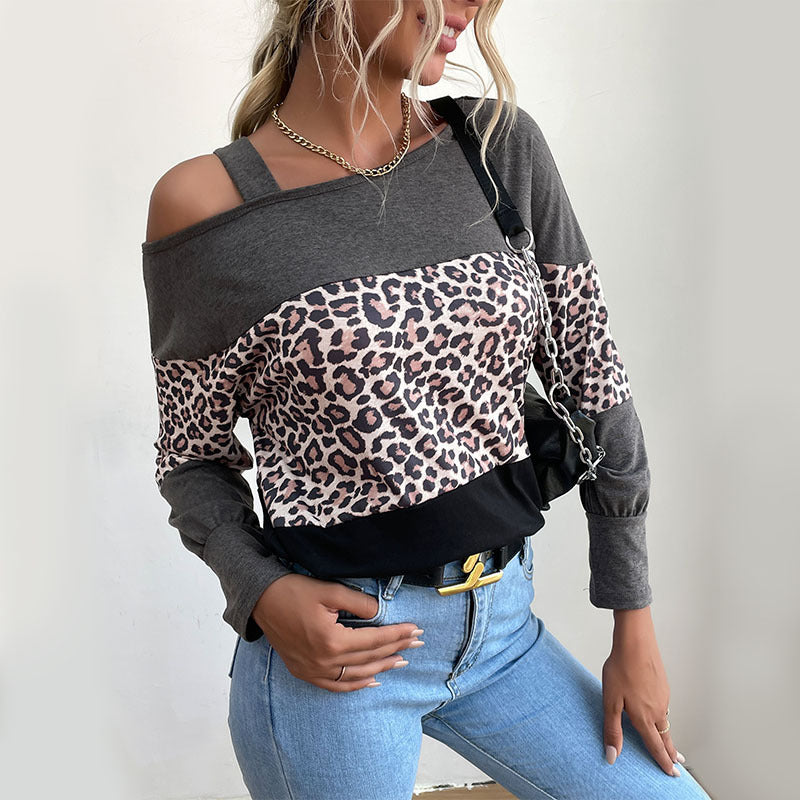 LOVECCR popular autumn and winter new New bottoming shirt Middle East one-word collar hollow off-the-shoulder loose leopard print women's splicing top