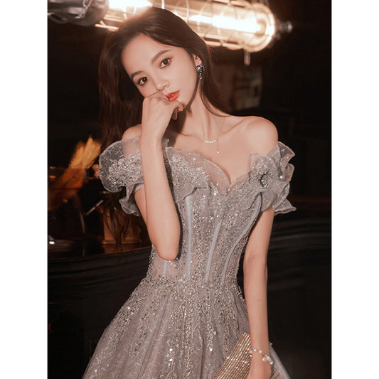 LOVECCR  Banquet Evening Dress Dress Women's  New Spring off-Shoulder Elegant Annual Meeting Host Fairy Temperament Birthday Dress