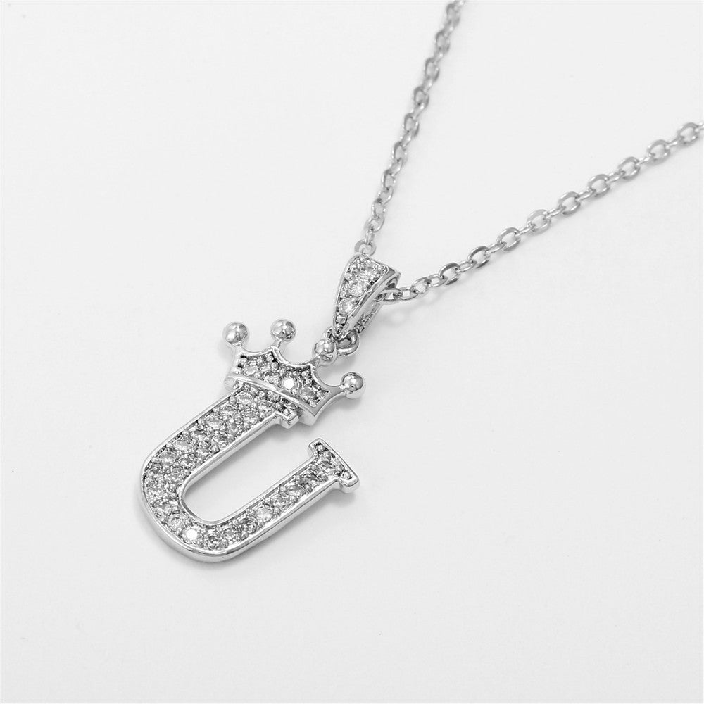 New Fashion Copper Inlaid Zircon Crown English Letter Personality Pendant Simple Women's Necklace Necklace Jewelry Manufacturer