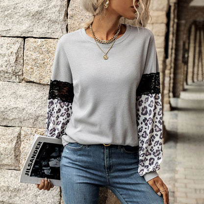 LOVECCR popular autumn and winter 2025 Popular trade lace splicing top female leopard print long sleeve contrasting color  New knitted female