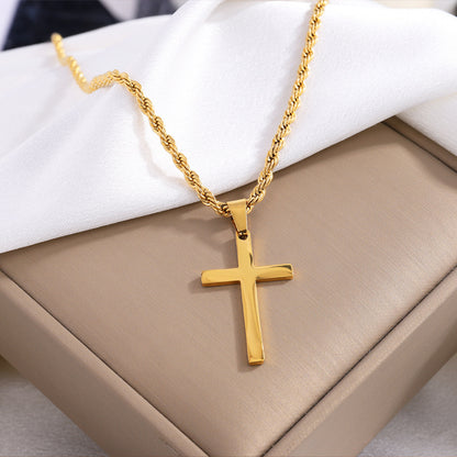 Titanium Steel Necklace Stainless Steel Boys High Sense Hemp Flowers Chain Double Layer Cross Fashion All-Match Non-Fading Pendant