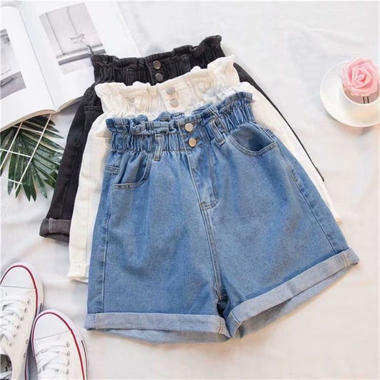 Denim Shorts Women's Summer Korean Style Elastic Waistband Straight Loose Slimming and All-Matching High Waist Curl A- line Wide-Leg Hot Pants