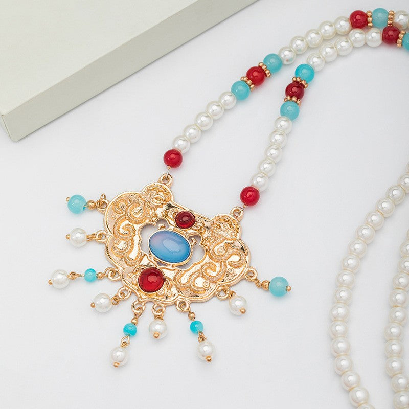 Han Chinese Clothing Beiyun Necklace of Precious Stones Long Necklace Tassel Pearl Collar Ming Ancient Style Longevity Lock Flat-Fitting Collar Accessories