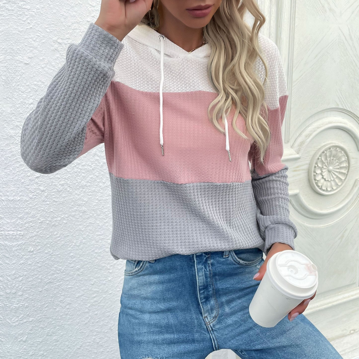 LOVECCR popular autumn new striped Japanese knitted sweater  New explosion hooded waffle top Popular trade