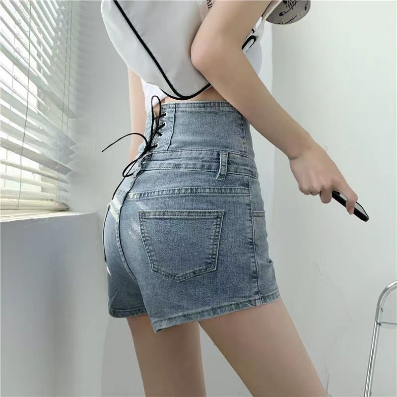 Summer New Ultra High Waist Denim Rope Shorts Women's Korean Style Loose-Fitting Wide-Leg Slim-Fit All-Match Breasted A- line Hot Pants