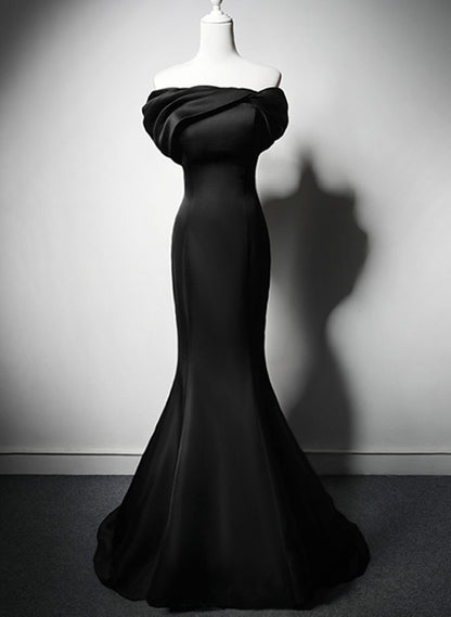 LOVECCRBlack Mermaid Satin Off Shoulder Evening Dress, Black Satin Prom Dress