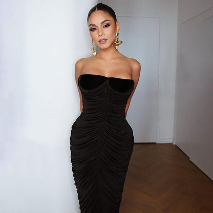 LOVECCR autumn and winter new black velvet pleated elastic tube top dress 2025 women's clothing long  base