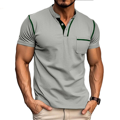 Summer European and American Style Men's Clothing Short-Sleeved Men's T-shirt Foreign Trade Men's Henley Shirt  Color Matching T-shirt Men's Wholesale