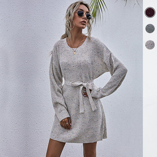 LOVECCR New Popular trade 2025 solid color loose lazy wind lace-up medium and long 2023 autumn sweater skirt women