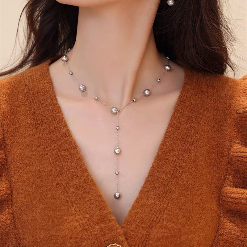 Zhenduo Heather Gray Starry Pearl Necklace Light Luxury Minority High-Grade Y-Shaped Necklace Simple Clavicle Chain