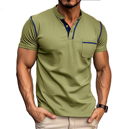 Summer European and American Style Men's Clothing Short-Sleeved Men's T-shirt Foreign Trade Men's Henley Shirt  Color Matching T-shirt Men's Wholesale