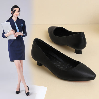 loveccr  Genuine Leather Stewardess Work Shoes Women's Black Leather Shoes Small Heel Professional Business Workwear Formal Wear Mid-Heel High Heel Interview Women's Shoes