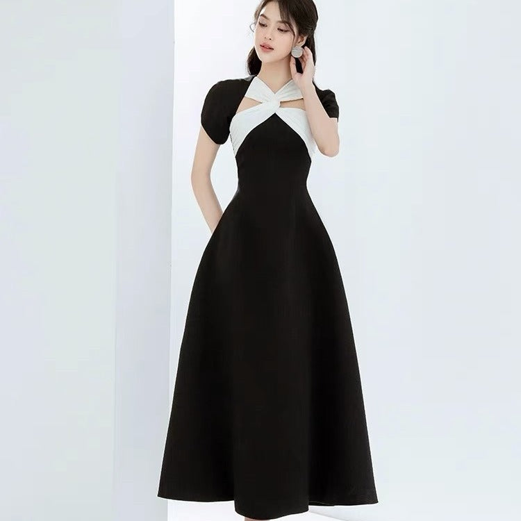 LOVERCCR  Vietnam Niche Design Black and White Contrast Color Short-Sleeved Dress  Spring and Summer New Waist-Tight Slimming Expansion Skirt Women