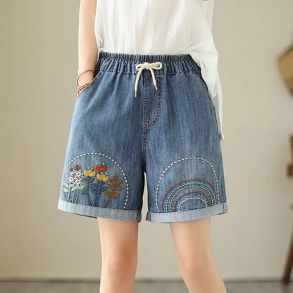 Japanese Style Denim Shorts Women's Summer Thin Loose Slimming Retro Casual Embroidered Shorts Wide Leg Pants