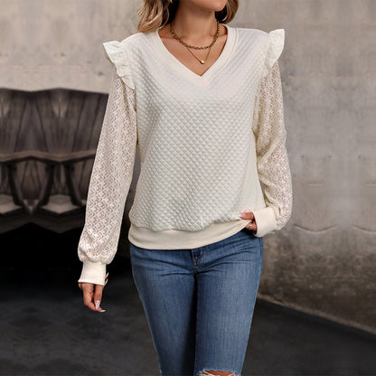 LOVECCR Hot new   2025 ruffle edge sweater lace splicing long-sleeved women's top texture knitting