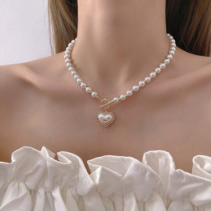 Japanese and Korean New Fairy Temperamental Imitation Pearl Love Necklace Ins Cold Style Sweet and Simple OT Buckle Clavicle Chain