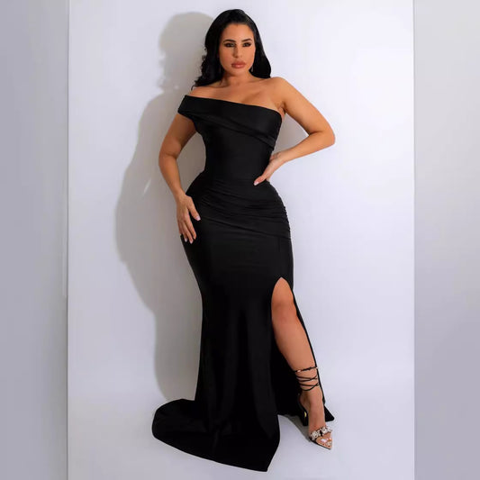 LOVECCR  Exclusive for Cross-Border European and American Women's Clothing Dress Evening Dress off-Shoulder Split Sexy Long Dress