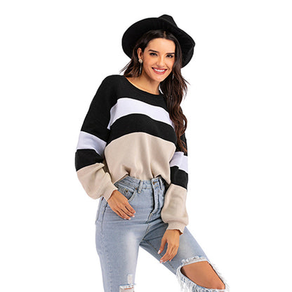 LOVECCR popular Spring and Autumn New 2025 Crew Neck Knitted Striped Contrast Color Long Sleeve Bottom Sweater Women's Short Pullover