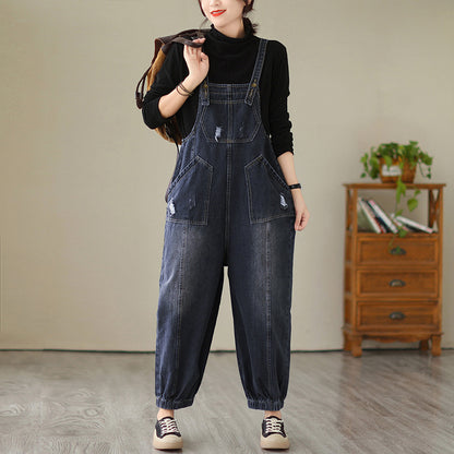 Real Shot 2024 Autumn New Denim Suspender Pants Korean Style plus Size Women's Clothing That Makes You Look Younger Loose Fashionable Denim Trousers Denim Trousers