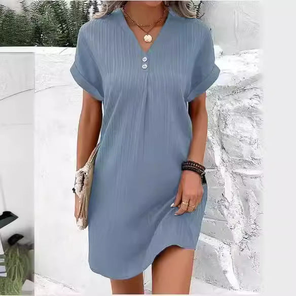 LOVECCR Cross-Border European and American Women's Clothing  New  Hot Sale V-neck Solid Color Pullover Leisure Button Dress in Stock