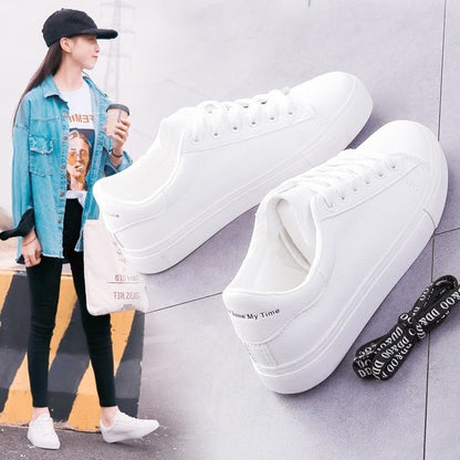 loveccr White Shoes for Female Students Korean Style Very Match Spring and Autumn Leather Flat Running Shoes Sneaker Breathable Women's Board Shoes