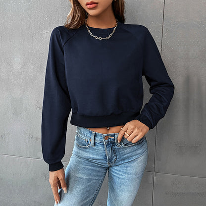 LOVECCR popular New Early Autumn Casual Sports Rough Sleeve Top Hot Trade Color Matching Short Navel Crew Neck Pullover Sweater