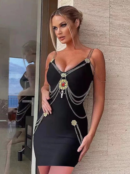 LOVECCR  European and American Tide Brand Women's Clothing Dress High Quality   Heavy Industry Gold Chain Sexy Bandage Evening Dress