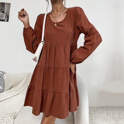 LOVECCR New  Women's Clothing Hot New 2025 Hot Trade Cake Folded Skirt Long Sleeve Loose Cotton and Linen Dress