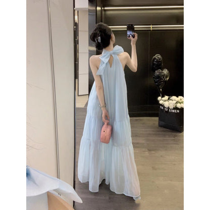 Star Zhang Bichen Wht Same Blue Bow Halter Spaghetti Straps Dress Summer Dress Seaside Vacation Skirt