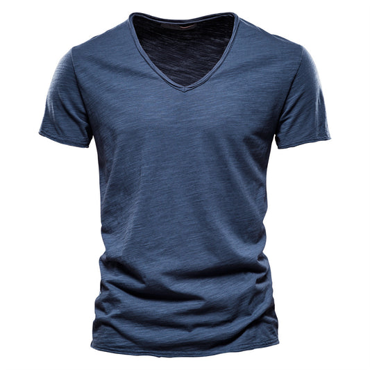 Summer Foreign Trade Popular Style Men's New Pure Color Slub Cotton V-neck Short-Sleeved T-shirt Cotton Hot Sale European and American Style Men's Clothing