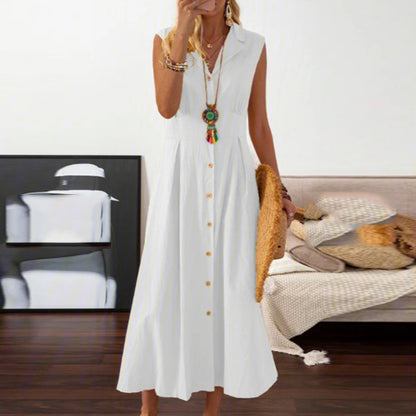 LOVECCR European American Summer New Skirt  Lapel Women's A- line Vintage Cotton Linen Long Dress