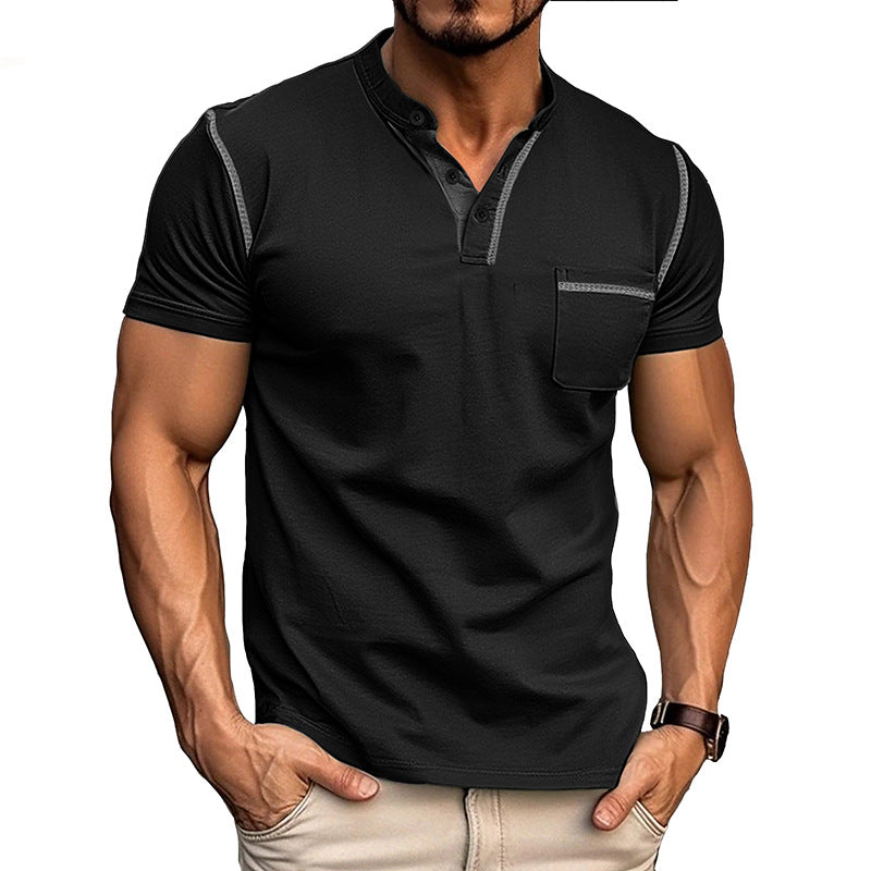 Summer European and American Style Men's Clothing Short-Sleeved Men's T-shirt Foreign Trade Men's Henley Shirt  Color Matching T-shirt Men's Wholesale