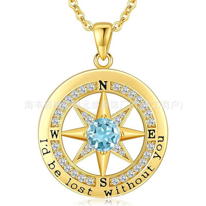 HOT and NEW Cross Border S925 Sterling Silver Compass Compass Necklace Female Twelve Birthstone  Pendant Clavicle Chain