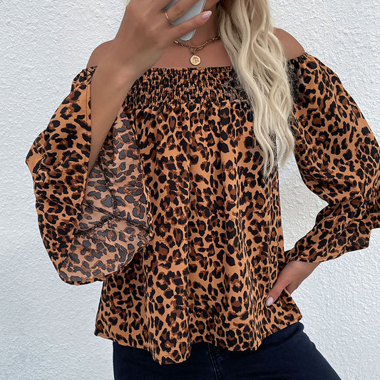 LOVECCR Cross-border New Autumn New Women's Clothing Loose One-Word Shoulder Pullover Bottom Leopard Chiffon Shirt