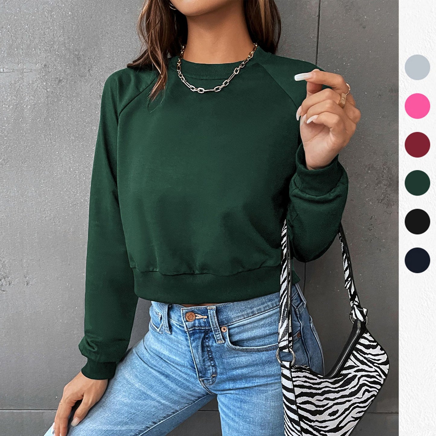 LOVECCR popular New Early Autumn Casual Sports Rough Sleeve Top Hot Trade Color Matching Short Navel Crew Neck Pullover Sweater