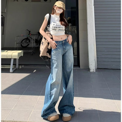 Retro Blue Low Waist Jeans for Women 2024 New Spring Straight Slim-Fitting Loose Mop Drooping Wide-Leg Pants