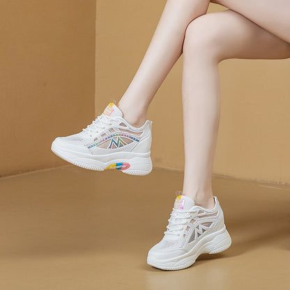 loveccr Summer 8cm New Versatile Casual Breathable Low-Top Shoes Women's Platform Stylish Height Increasing Mesh Surface Shoes White Shoes Women