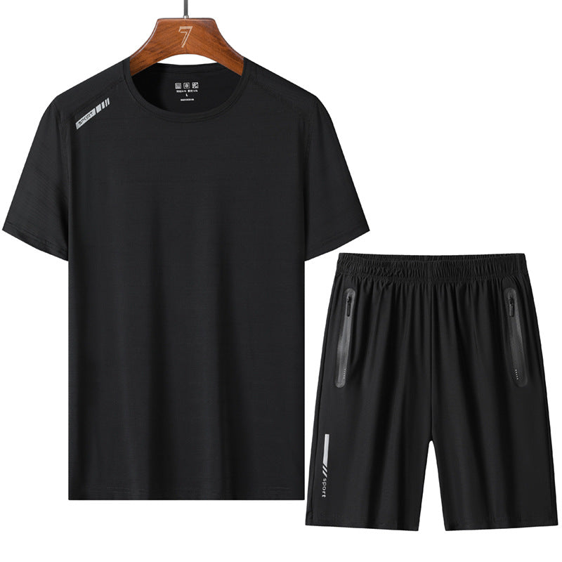 Summer Men's Sports Casual Ice Silk Quick-Drying Stretch Thin Suit Loose Breathable Short Sleeve T-shirt Shorts Set