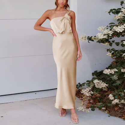 LOVERCCR  Cross-Border New Acetate European and American Women's Clothing Elegant One-Shoulder Satin  Toast Dress Bridesmaid Dress Slim Fit Dress