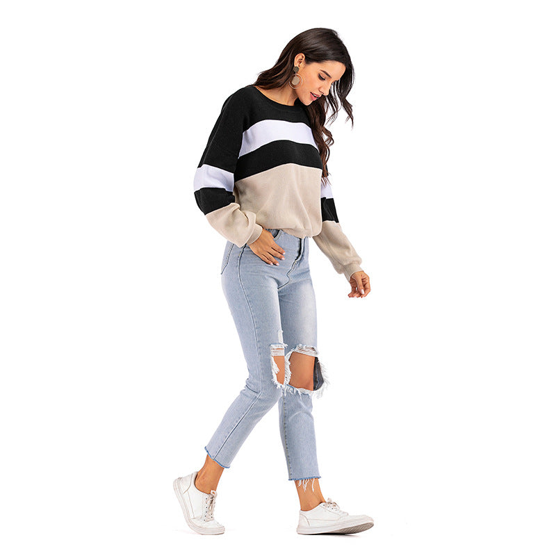 LOVECCR popular Spring and Autumn New 2025 Crew Neck Knitted Striped Contrast Color Long Sleeve Bottom Sweater Women's Short Pullover