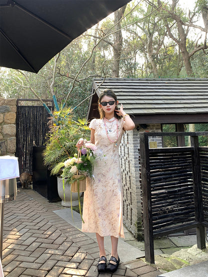 LOVECCR  Deemo [Flower Paper Set] Three-Dimensional Jacquard Atmosphere Full of New Chinese Style Short and Long Cheongsam for Women Summer