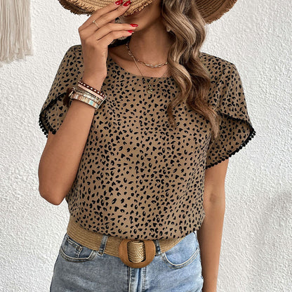 LOVECCR New popular summer new 2025 women's clothing design sense short sleeve leopard print lace splicing shirt women