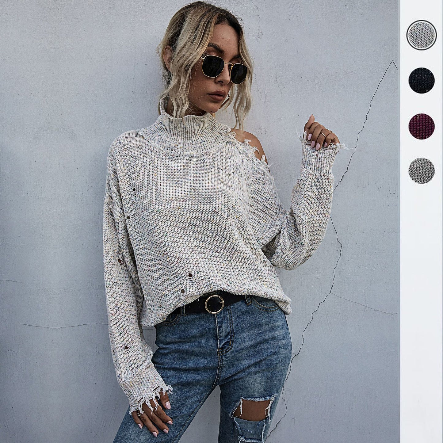 LOVECCR 2025 loose open shoulder hole New women's clothing popular autumn and winter turtleneck knitted pullover women