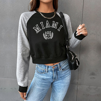 LOVECCR popular new spring leisure sports college style 2025 color matching short navel round neck letter pullover sweater women