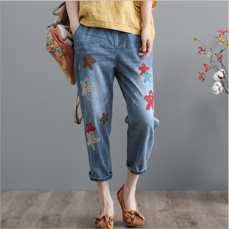 Women's Jeans Spring and Autumn Ripped Artistic Embroidered Women's Cropped Pants Elastic High Waist Oversized Jeans Women's Loose